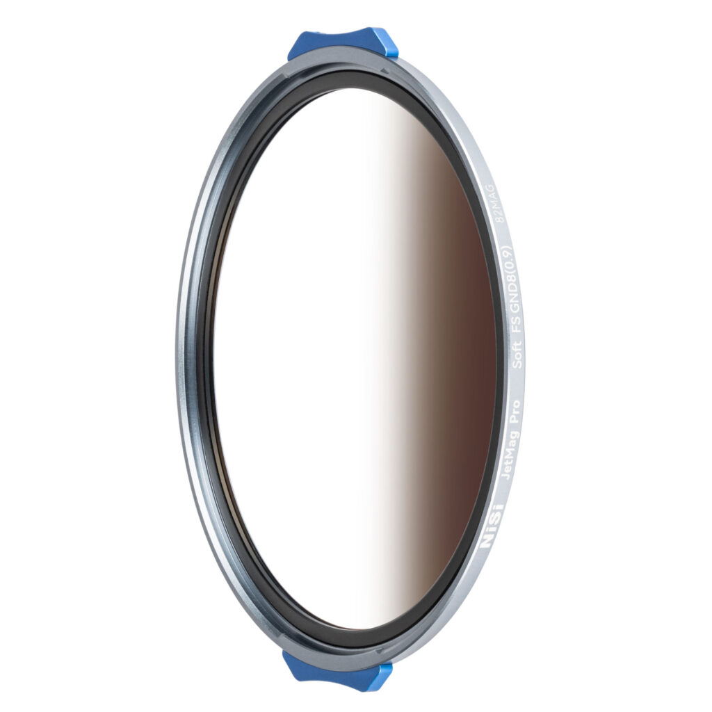 Gradient lens filter with blue and silver frame on a white background
