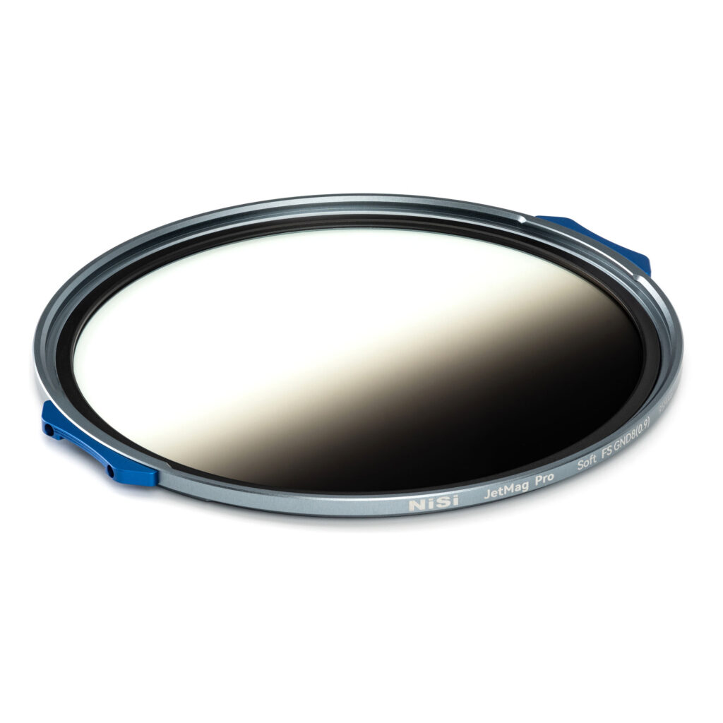 Gradient lens filter with blue and silver frame on a white background