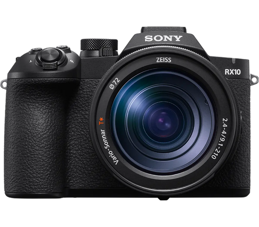 Sony RX10 V compact camera with Zeiss lens, front view, black body