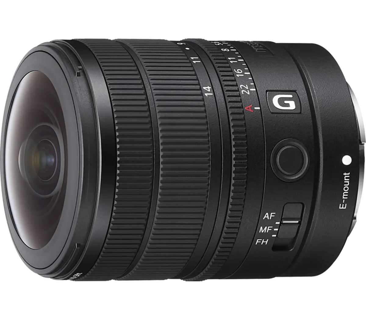 Sony FE fisheye zoom lens with front element and AF/MF/FH switch