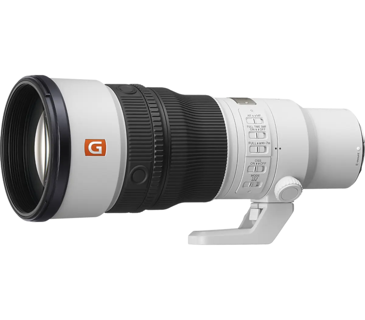 Sony FE 600mm telephoto lens with white barrel, black ribbed ring, front element and tripod foot