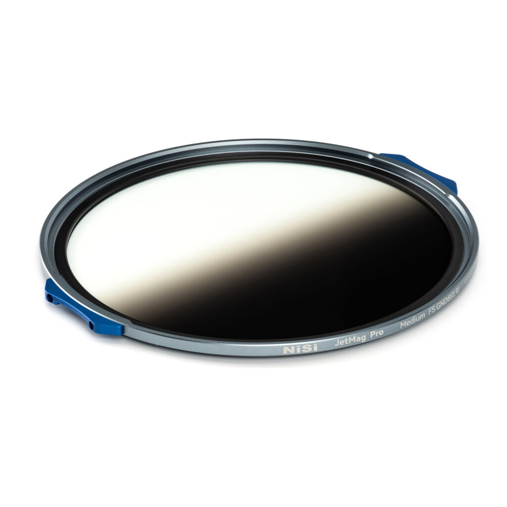 Gradient lens filter with blue and silver frame on a white background