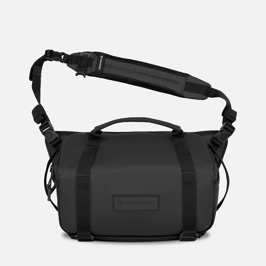 Black shoulder bag with logo on a white background