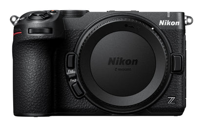 A Nikon mirrorless camera body in black, shown from the front with the lens removed and a Nikon Z-mount lens cap installed. The Nikon logo is visible on the top right and on the lens cap.