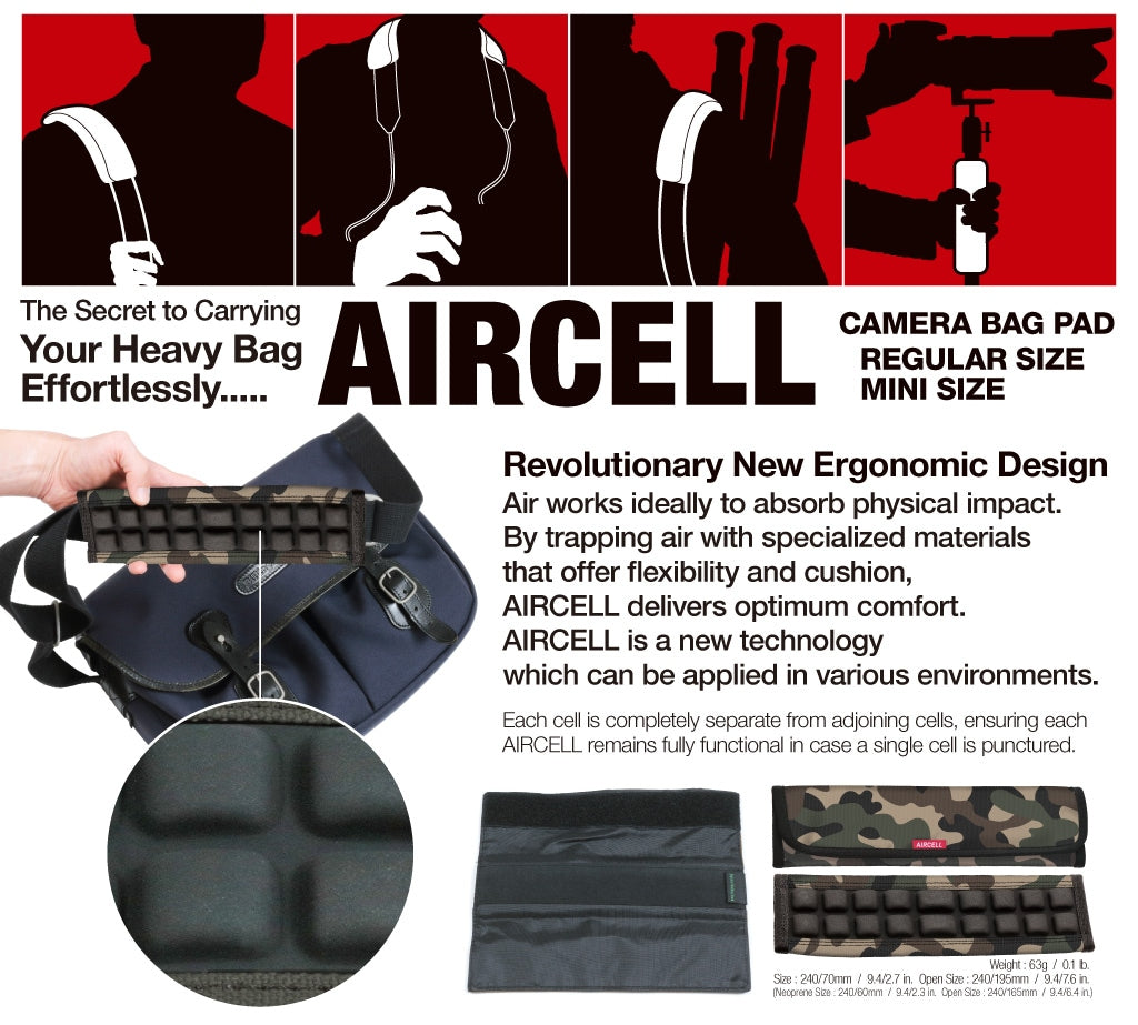 A promotional product graphic for an AIRCELL camera bag pad, showing the black padded insert, a hand holding the bag, a circular close-up of the foam cells, small inset photos of the pad in use, and marketing text on a white background with red header panels.