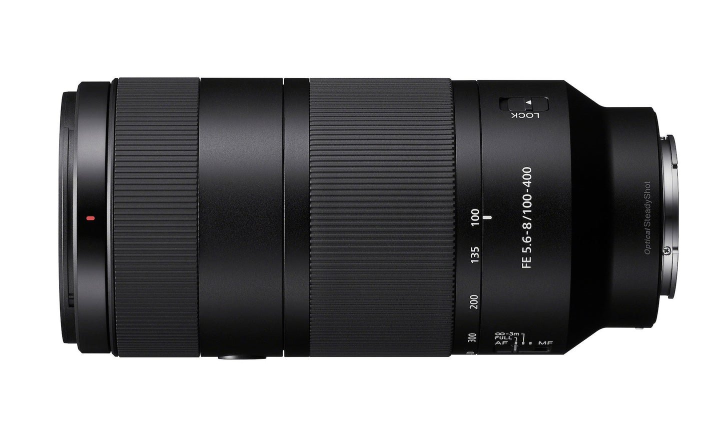 Sony FE 55-400mm F2.8-3.8L USM G lens in black, shown from a side profile on a solid white background.