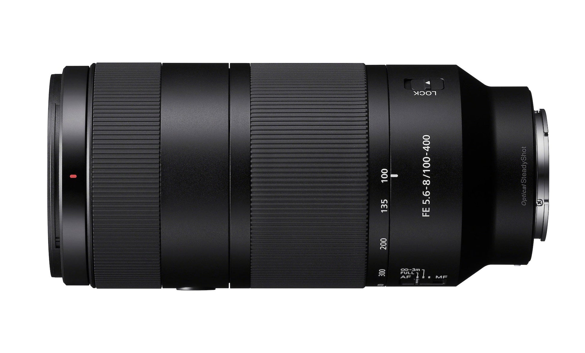 Sony FE 55-400mm F2.8-3.8L USM G lens in black, shown from a side profile on a solid white background.