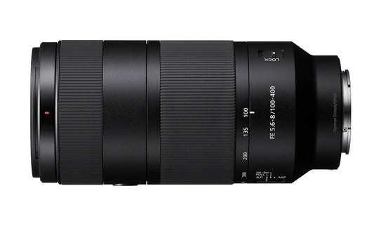 Sony FE 55-400mm F2.8-3.8L USM G lens in black, shown from a side profile on a solid white background.