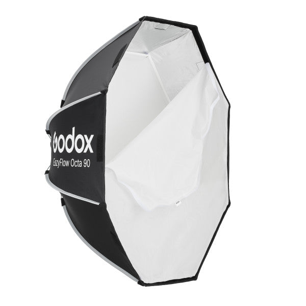 Godox EasyFlow Octa 90 studio light modifier with a black exterior and white interior diffuser, shown on a plain white background.